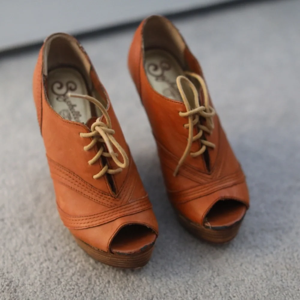 Anthropologie Tan Orange Suede Lace-Up Peep-Toe Wedges